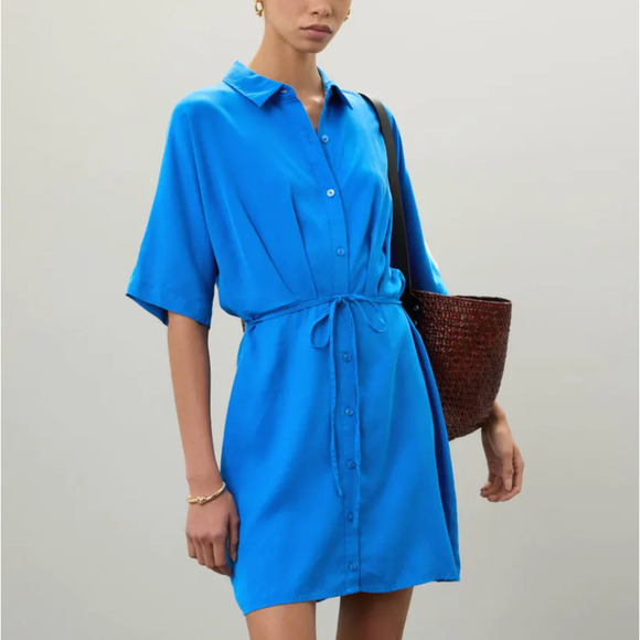 Thakoon Cerulean Blue Shirt Dress Size 12 Career Blouson Tie Waist Designer $310 - Picture 1 of 11